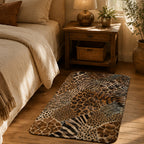 Animal print patchwork small accent rug on a wooden floor next to a bed.