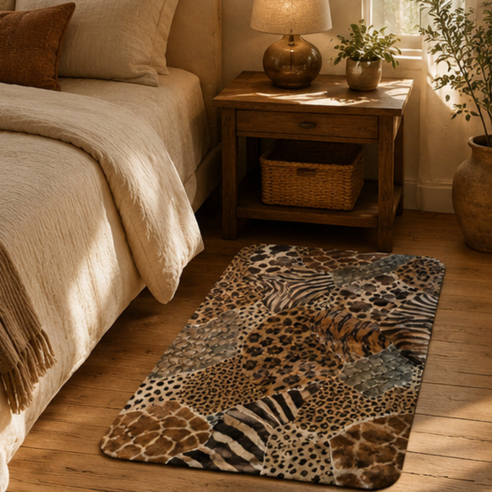Animal print patchwork small accent rug on a wooden floor next to a bed.