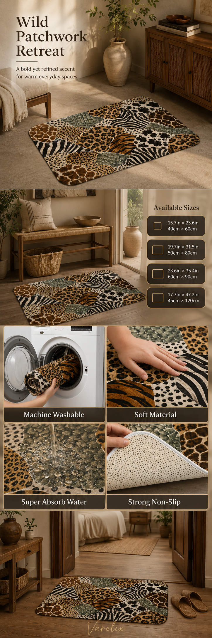 Infographic illustrating features of the animal print patchwork doormat, highlighting sizes and washability.