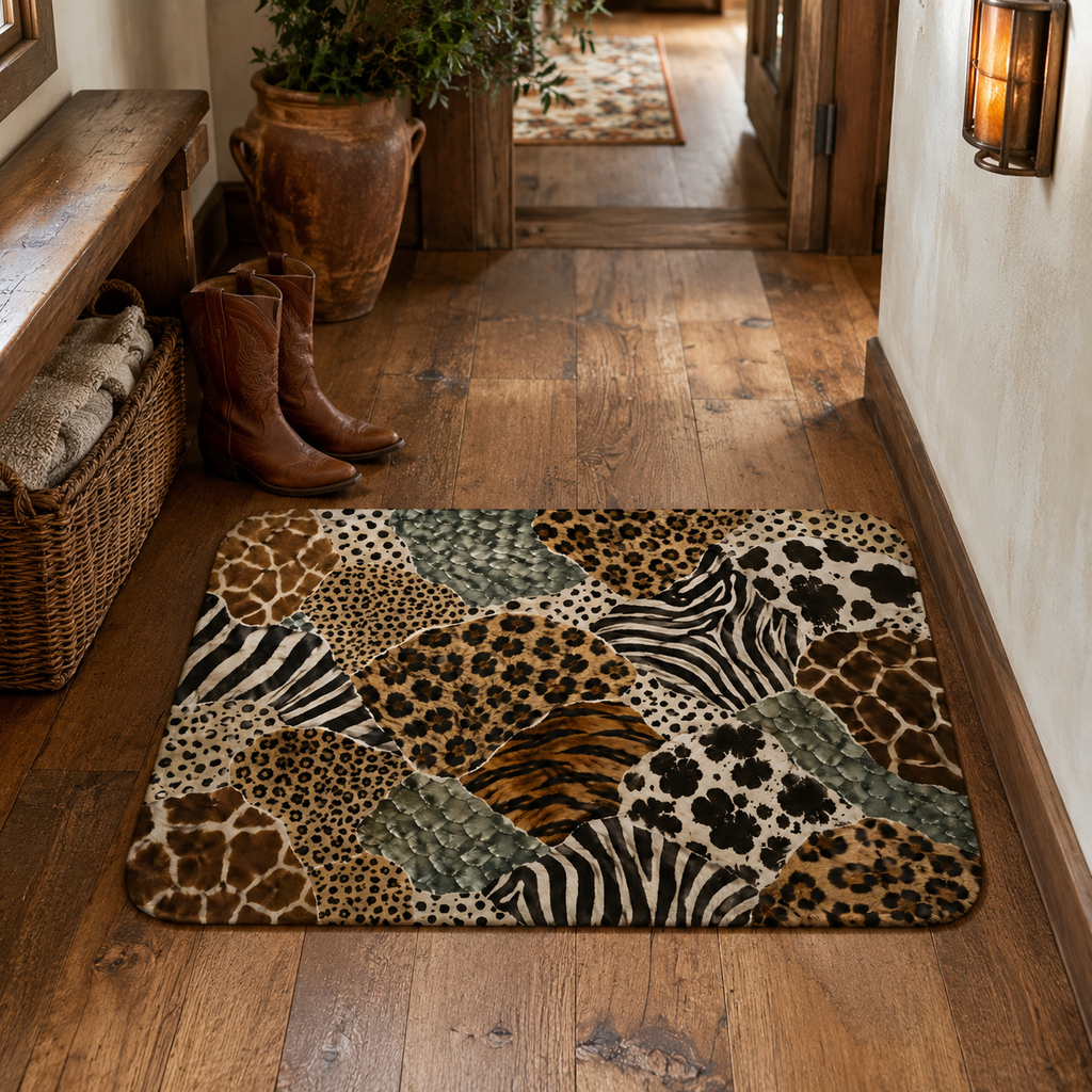 Animal print patchwork welcome rug on a wooden floor in a rustic hallway entryway.