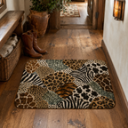Animal print patchwork welcome rug on a wooden floor in a rustic hallway entryway.