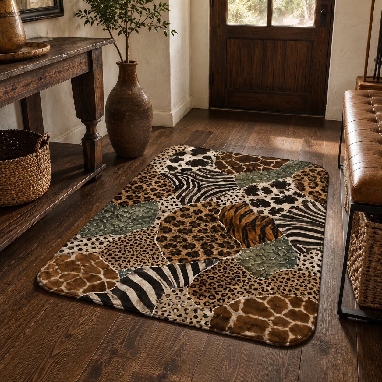 Wild animal print patchwork entryway mat on a dark hardwood floor near a bench.