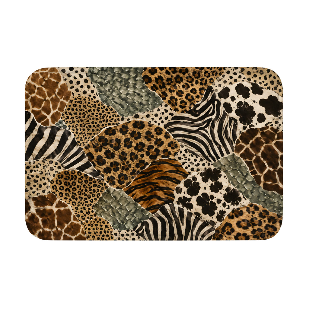 Animal print patchwork doormat featuring a mix of leopard, zebra, cheetah, and giraffe patterns.