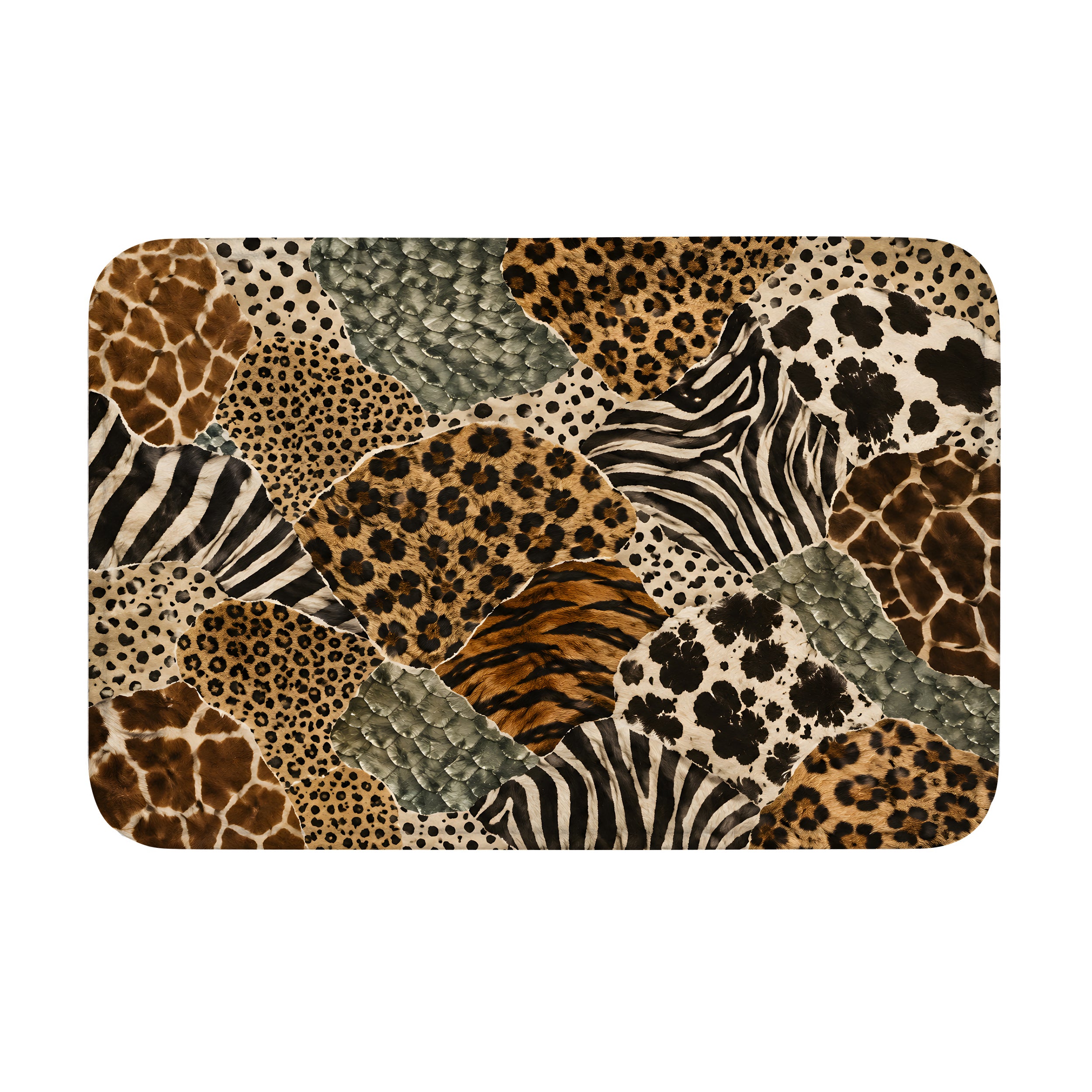 Animal print patchwork doormat featuring a mix of leopard, zebra, cheetah, and giraffe patterns.