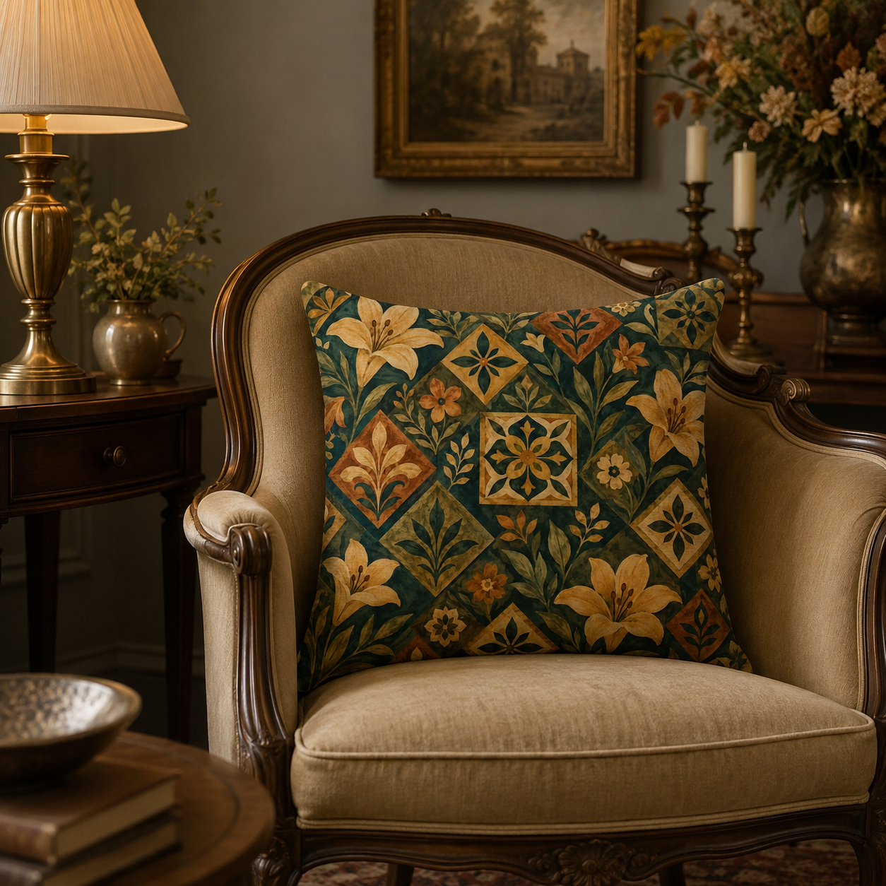 A sophisticated vintage botanical tile patterned cushion arranged on a classic French-style wingback armchair, set in a moody vintage room with a glowing brass table lamp and dark framed artwork.
