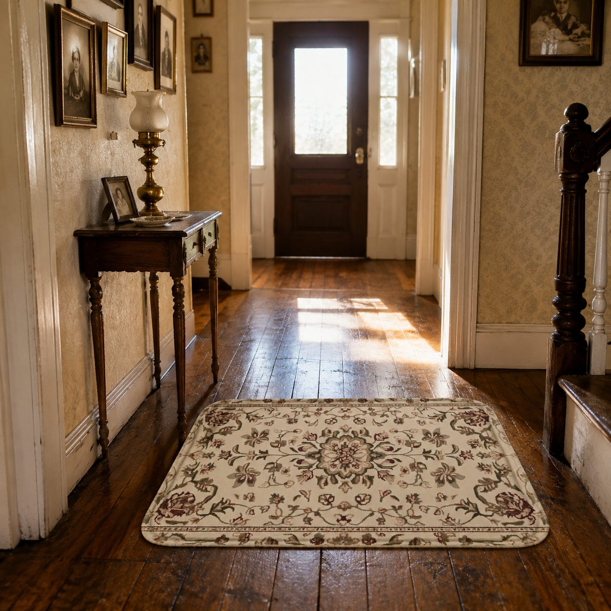 An antique style floral runner mat styled on a classic rustic wooden hallway floor surrounded by vintage picture frames on the wall.