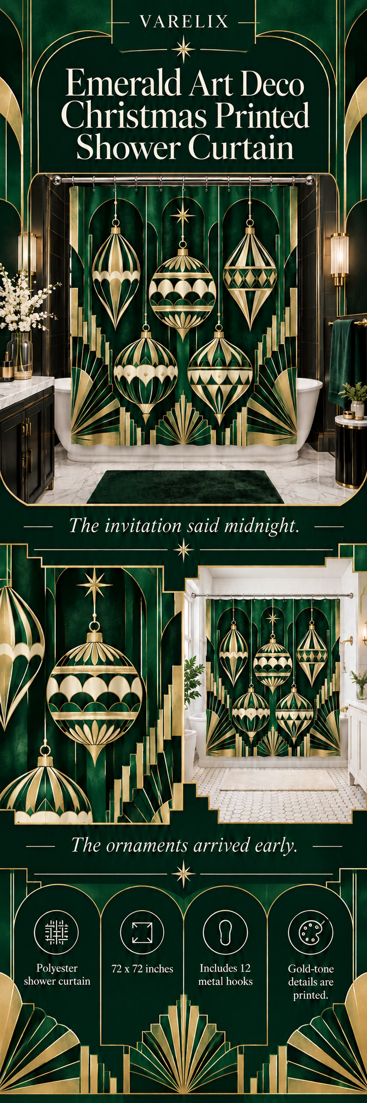 Emerald Art Deco Christmas Printed Shower Curtain A+ details showing the printed design, material, available sizes and package contents.