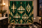 Emerald Art Deco Christmas Printed Shower Curtain shower curtain, lifestyle view 1: A dramatic elegant American city-apartment bathroom with black-and-white checkerboard floor, white subway-tile walls and brass sconces.