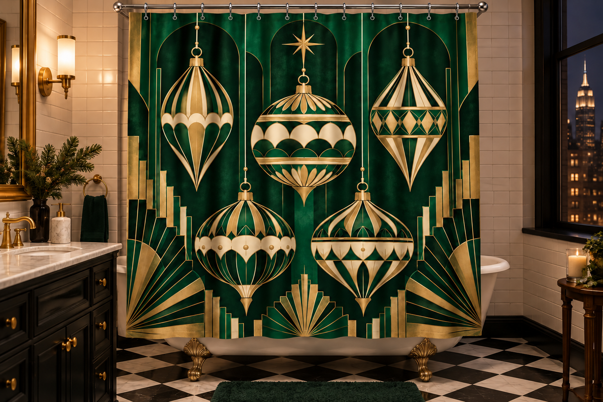 Emerald Art Deco Christmas Printed Shower Curtain shower curtain, lifestyle view 1: A dramatic elegant American city-apartment bathroom with black-and-white checkerboard floor, white subway-tile walls and brass sconces.