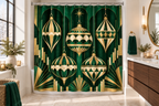 Emerald Art Deco Christmas Printed Shower Curtain shower curtain, lifestyle view 2: A bright contemporary white bathroom with pale stone floor, warm brass mirror and a dark walnut floating vanity.