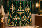 Emerald Art Deco Christmas Printed Shower Curtain shower curtain, lifestyle view 3: Close three-quarter interior photograph in a jewel-toned powder-and-bath room, white tub and deep green painted upper walls, fluted-glass wall sconce, ivory towels.