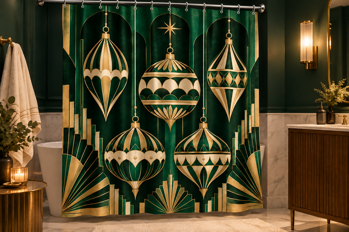 Emerald Art Deco Christmas Printed Shower Curtain shower curtain, lifestyle view 3: Close three-quarter interior photograph in a jewel-toned powder-and-bath room, white tub and deep green painted upper walls, fluted-glass wall sconce, ivory towels.