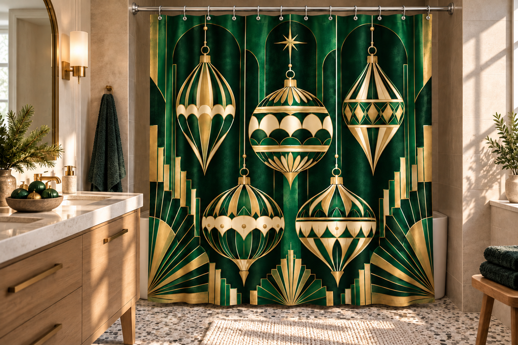 Emerald Art Deco Christmas Printed Shower Curtain shower curtain, lifestyle view 4: A clean bathroom with warm gray tile, terrazzo floor and an arched mirror at left.