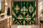 Emerald Art Deco Christmas Printed Shower Curtain shower curtain, lifestyle view 4: A clean bathroom with warm gray tile, terrazzo floor and an arched mirror at left.