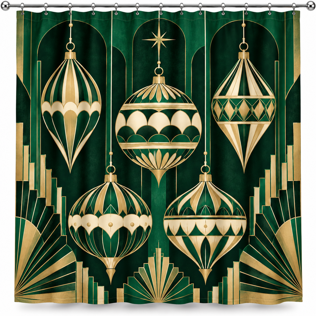 Emerald Art Deco Christmas Printed Shower Curtain shower curtain shown on a pure white studio background with the complete printed design.