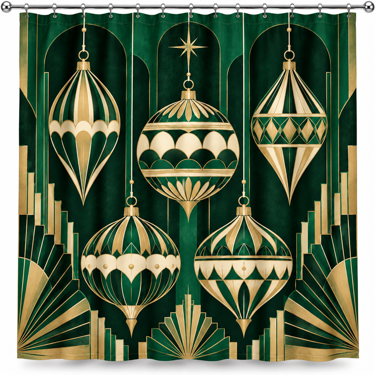Emerald Art Deco Christmas Printed Shower Curtain shower curtain shown on a pure white studio background with the complete printed design.
