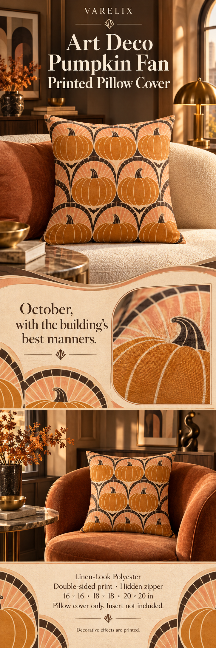 Art Deco Pumpkin Fan Printed Pillow Cover by VARELIX, A+ detail poster with verified material, sizes and included items.