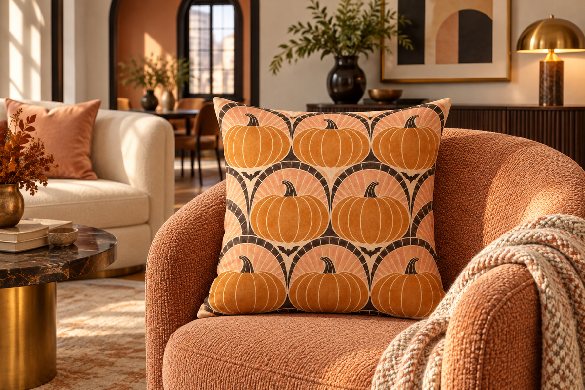 Art Deco Pumpkin Fan Printed Pillow Cover, lifestyle view 1: Placed upright on an accent chair, nearly frontal with full print clearly visible; room-wide interior composition.