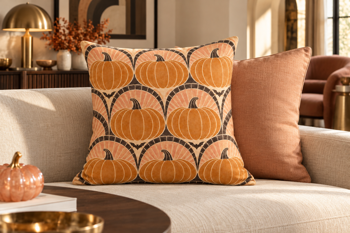 Art Deco Pumpkin Fan Printed Pillow Cover, lifestyle view 2: A prominent single pillow on a sofa beside one plain solid-colored cushion; medium interior composition, product fills at least 40 percent of frame.
