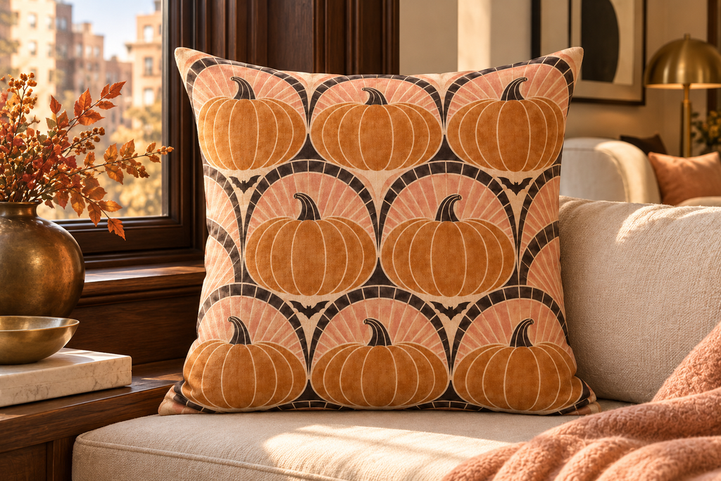 Art Deco Pumpkin Fan Printed Pillow Cover, lifestyle view 4: Close editorial view on an indoor window bench, full pillow and all edges visible, gentle side light reveals the real textile texture.