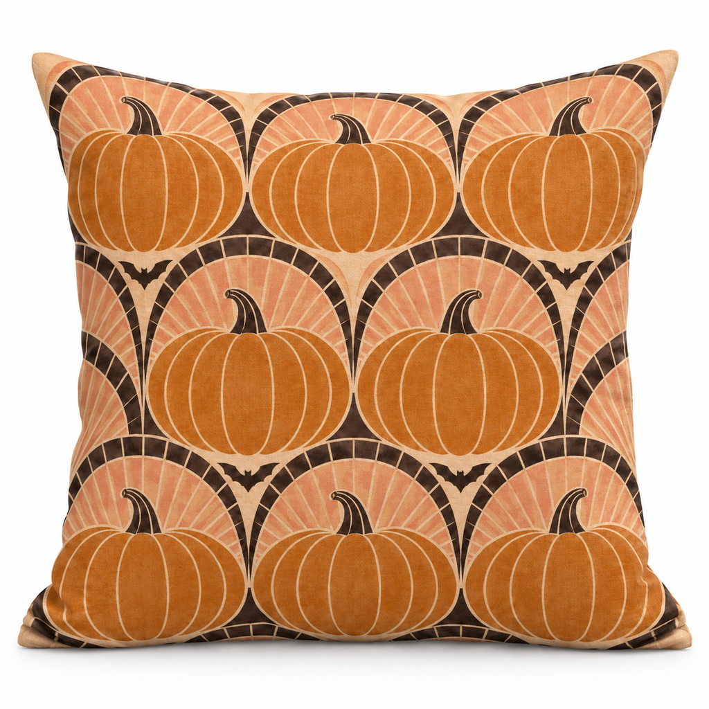 Art Deco Pumpkin Fan Printed Pillow Cover on a white background, showing the complete printed design.