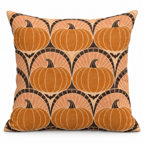 Art Deco Pumpkin Fan Printed Pillow Cover on a white background, showing the complete printed design.