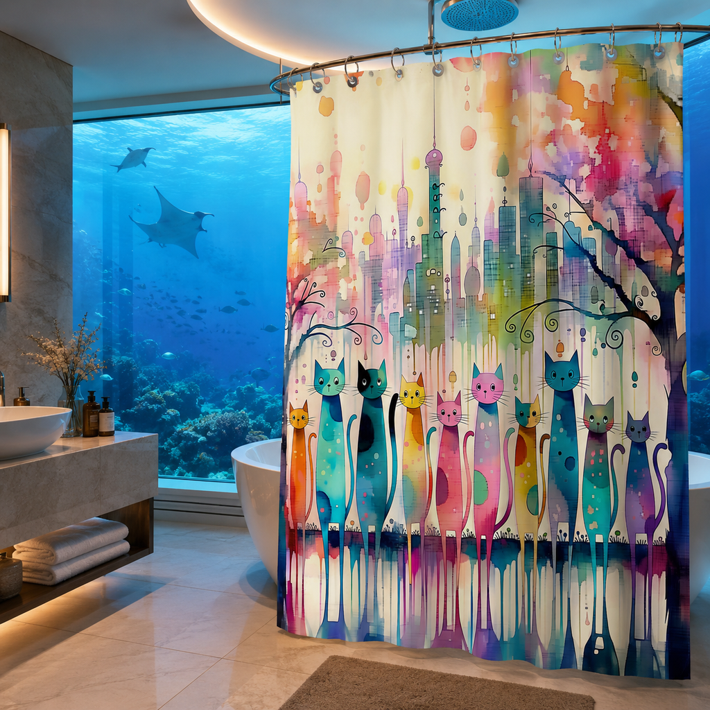 Whimsical cat city shower curtain styled in a luxury bathroom with a stunning underwater aquarium wall view.