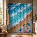 A coastal beach scene shower curtain with textured blue waves hung in a modern bathroom featuring light wood cabinets and a jute floor mat.