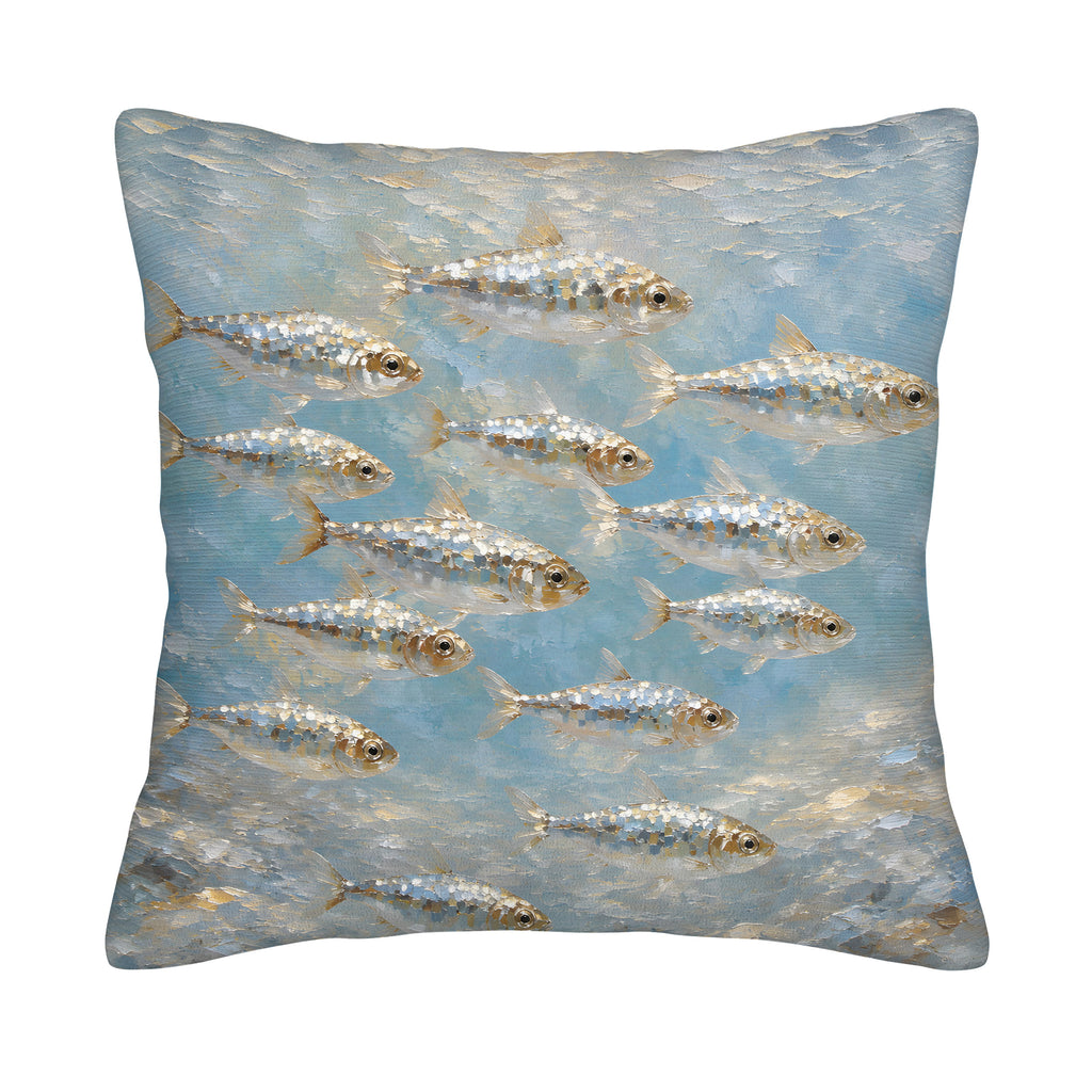 A square decorative throw pillow cover isolated on a pure white background, featuring an impressionistic oil painting of a school of silver and gold shimmering fish swimming in a textured blue sea.