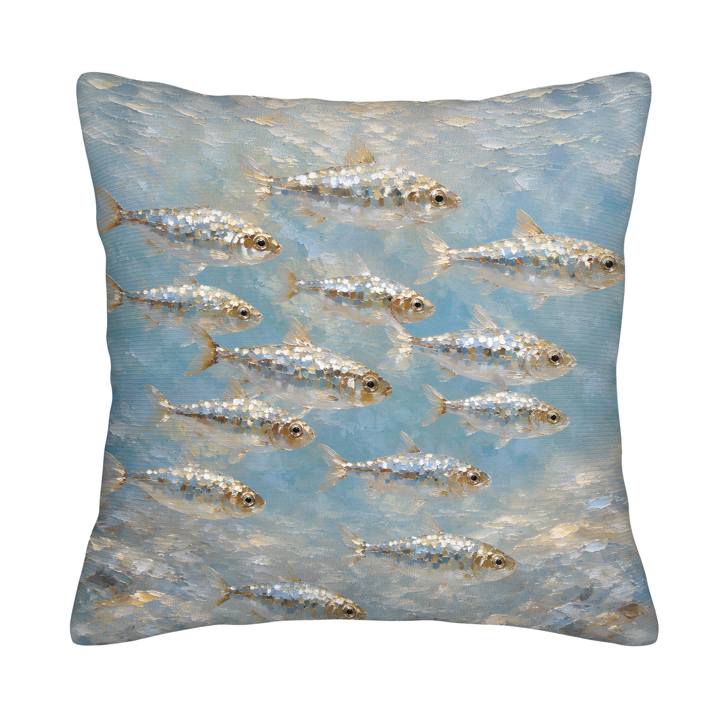 A square decorative throw pillow cover isolated on a pure white background, featuring an impressionistic oil painting of a school of silver and gold shimmering fish swimming in a textured blue sea.
