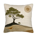 A square throw pillow cover isolated on a pure white background, featuring an artistic print of a single green tree on a small hill under a wood-grain-textured sun, with abstract wavy lines representing the earth.