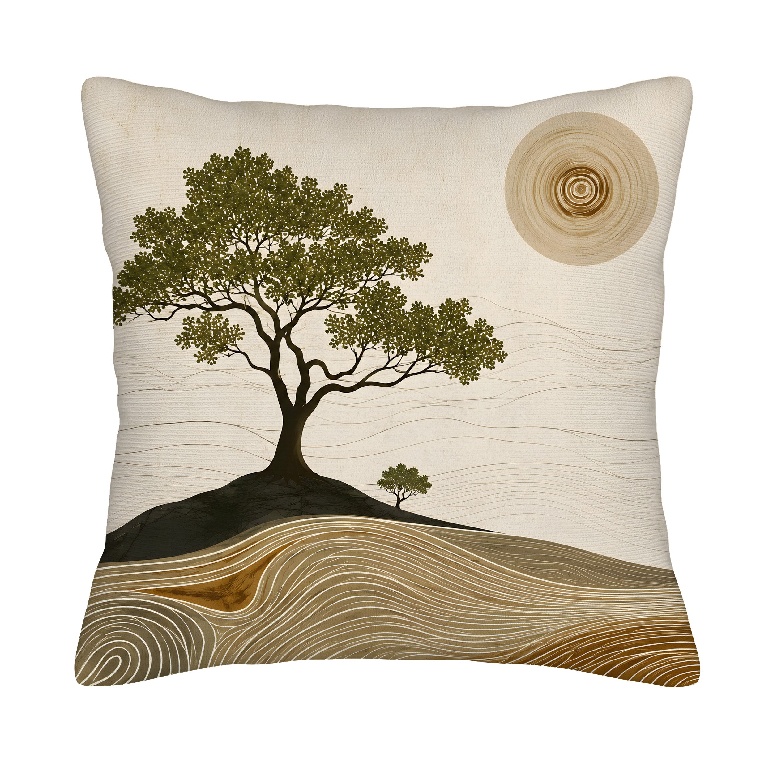 A square throw pillow cover isolated on a pure white background, featuring an artistic print of a single green tree on a small hill under a wood-grain-textured sun, with abstract wavy lines representing the earth.