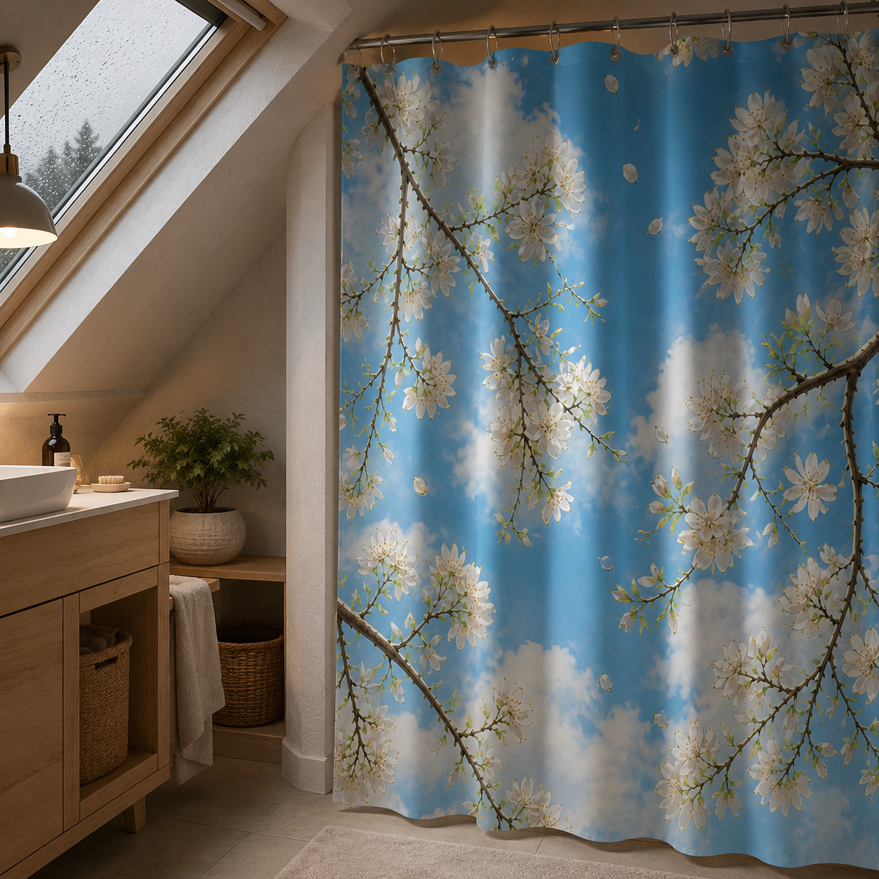 Cozy attic bathroom under a slanted skylight window, showcasing a blue shower curtain with white flowers next to a wooden vanity.