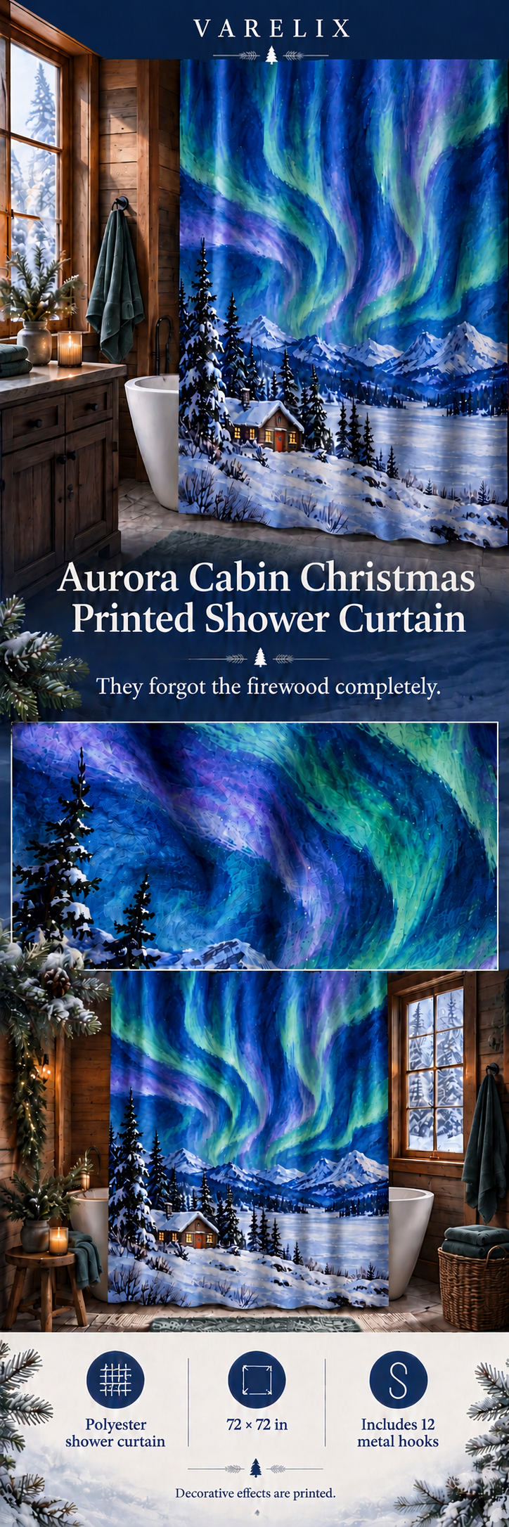 Aurora Cabin Christmas Printed Shower Curtain by VARELIX, A+ detail poster with verified material, sizes and included items.