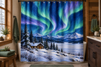 Aurora Cabin Christmas Printed Shower Curtain, lifestyle view 1: Curtain fully drawn across a standard tub, nearly frontal view, entire square print readable, top rail and hooks cropped completely OUT OF FRAME; square print readable; no floor-length distortion.