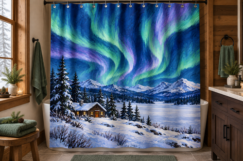 Aurora Cabin Christmas Printed Shower Curtain, lifestyle view 1: Curtain fully drawn across a standard tub, nearly frontal view, entire square print readable, top rail and hooks cropped completely OUT OF FRAME; square print readable; no floor-length distortion.