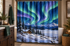 Aurora Cabin Christmas Printed Shower Curtain, lifestyle view 2: Three-quarter view of a standard tub and square curtain, upper hardware cropped OUT OF FRAME, full printed motif visible with soft vertical folds, no window or fixture passing through cloth.