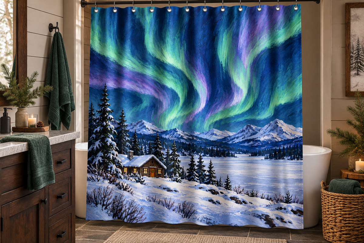 Aurora Cabin Christmas Printed Shower Curtain, lifestyle view 2: Three-quarter view of a standard tub and square curtain, upper hardware cropped OUT OF FRAME, full printed motif visible with soft vertical folds, no window or fixture passing through cloth.