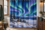 Aurora Cabin Christmas Printed Shower Curtain, lifestyle view 3: A bright bathroom with square curtain as the dominant focal wall, medium-wide editorial view, top hardware deliberately cropped OUT OF FRAME, camera at natural eye level.