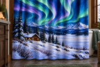 Aurora Cabin Christmas Printed Shower Curtain, lifestyle view 4: Closer front-angle bathroom view focused on the full square printed curtain, restrained surroundings, realistic fabric folds without hiding the central design; top hardware cropped OUT OF FRAME.