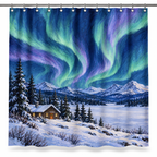 Aurora Cabin Christmas Printed Shower Curtain on a white background, showing the complete printed design.