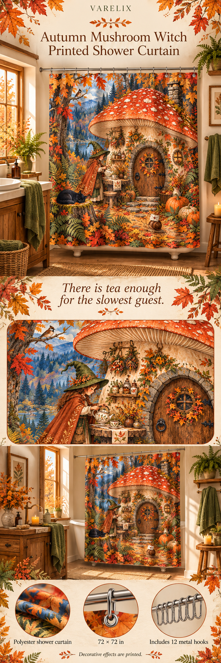 Autumn Mushroom Witch Printed Shower Curtain by VARELIX, A+ detail poster with verified material, sizes and included items.