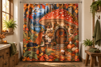 Autumn Mushroom Witch Printed Shower Curtain, lifestyle view 1: Curtain fully drawn across a standard tub, nearly frontal view, entire square print readable, exactly 12 metal hooks on straight rod, no floor-length distortion.