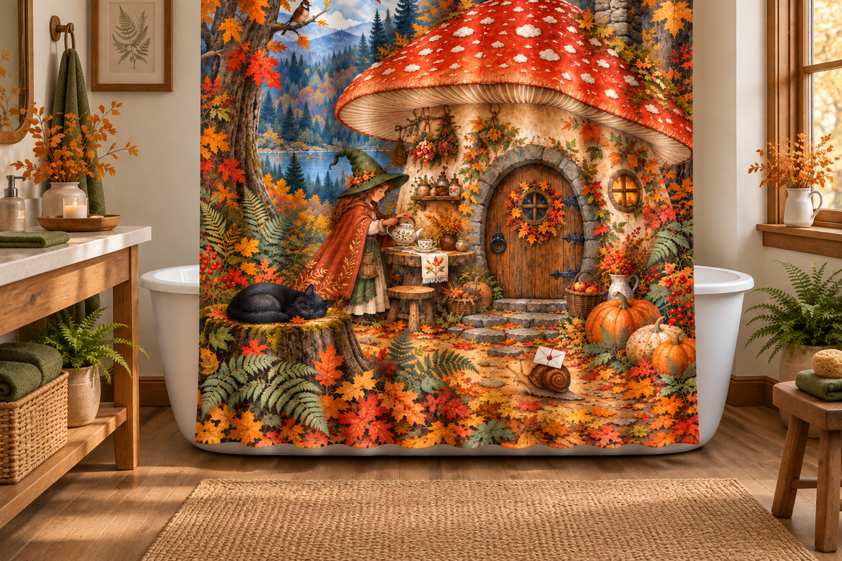 Autumn Mushroom Witch Printed Shower Curtain, lifestyle view 2: Three-quarter view of a standard tub and square curtain, entire product visible with soft vertical folds, no window or fixture passing through cloth.