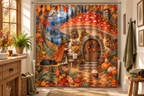 Autumn Mushroom Witch Printed Shower Curtain, lifestyle view 3: A bright bathroom with square curtain as the dominant focal wall, medium-wide editorial view, all 12 hooks visible, camera at natural eye level.