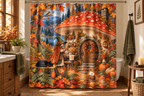 Autumn Mushroom Witch Printed Shower Curtain, lifestyle view 4: Closer front-angle bathroom view focused on the full square printed curtain, restrained surroundings, realistic fabric folds without hiding the central design.