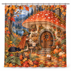 Autumn Mushroom Witch Printed Shower Curtain on a white background, showing the complete printed design.
