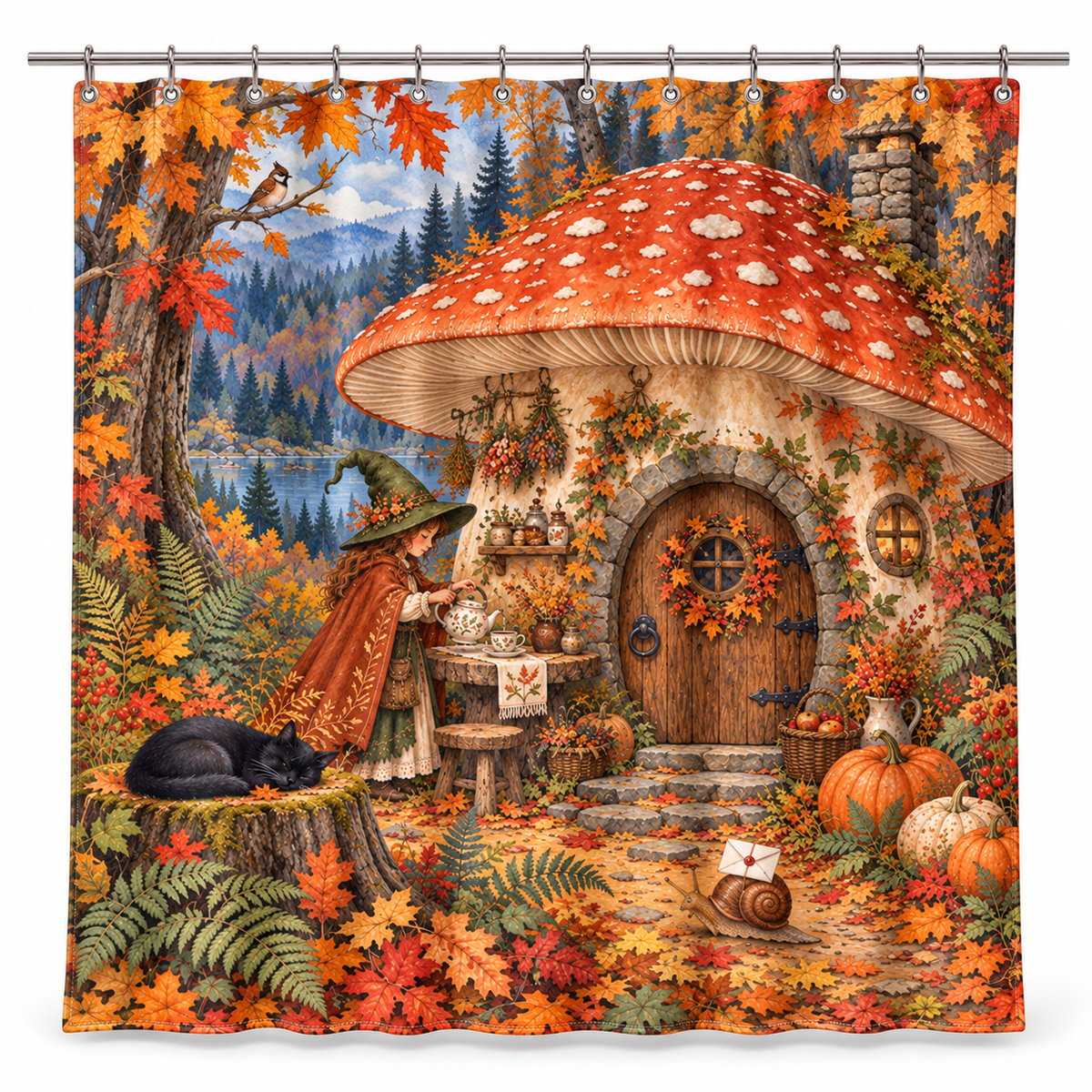 Autumn Mushroom Witch Printed Shower Curtain on a white background, showing the complete printed design.