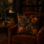 A stylish baroque peony and cheetah print throw pillow resting on a deep red velvet armchair, set in a cozy vintage library next to a brass desk lamp and stacked antique books.