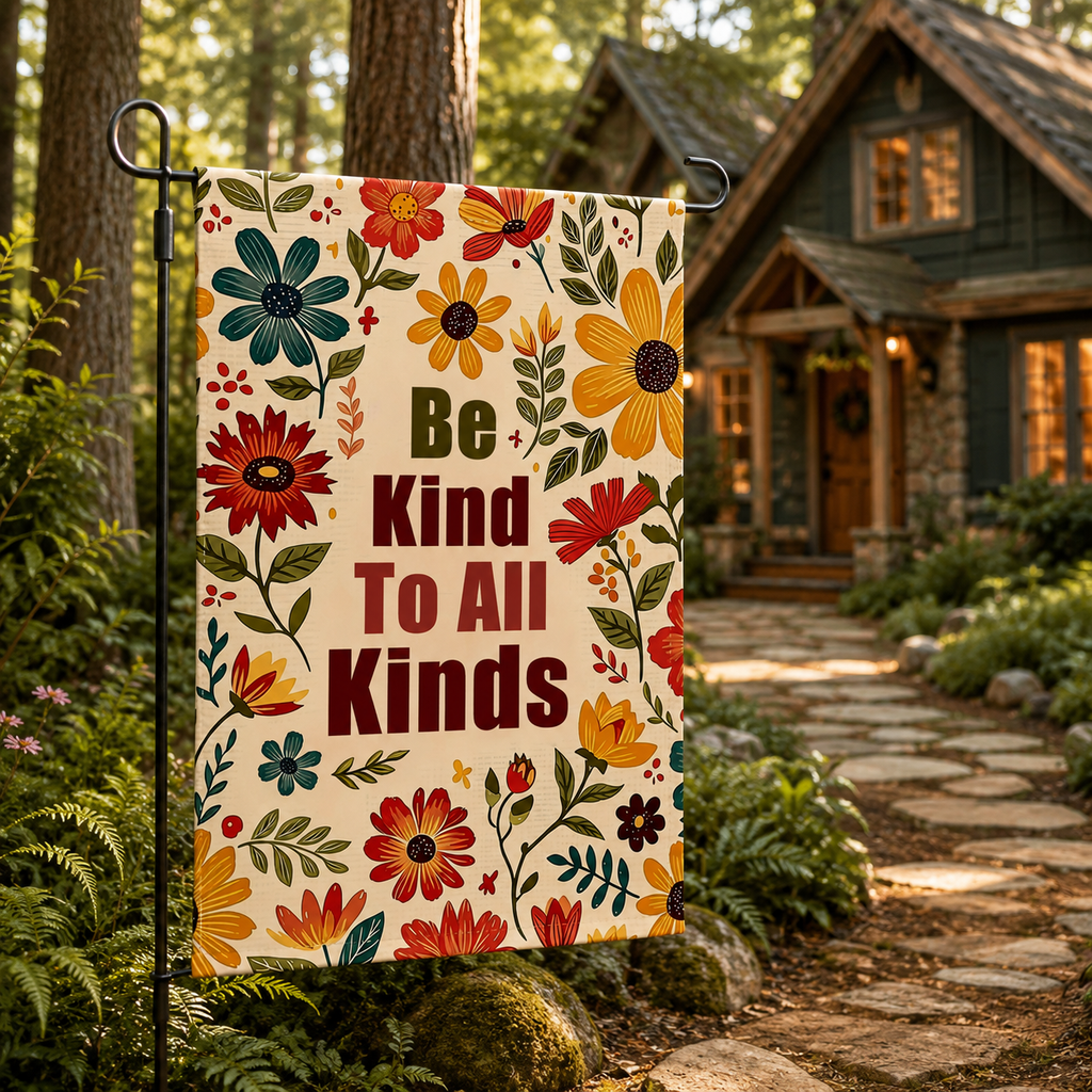 Be Kind floral garden flag hanging near a woodland cabin path